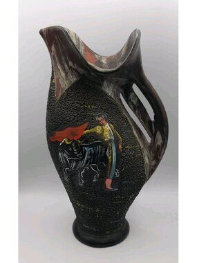 Vintage Large Textured Black Ceramic Pitcher Jug Hand Painted Matador Vase